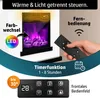 A close-up marketing image of an electric fireplace, showcasing its features like LED flame effect, remote control, and timer function. Produktbild-Vorschau
