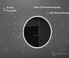 A marketing image for a round LED mirror, showcasing features with icons and text. Produktbild-Vorschau