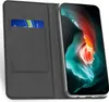 A black flip case for a smartphone, with a credit card inserted into a slot, and the smartphone screen displaying a colorful abstract image. Produktbild-Vorschau