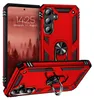 A red phone case with a ring holder is displayed from multiple angles, with a phone showing a forest scene on its screen. Produktbild-Vorschau