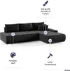 A black sectional sofa is shown with callouts highlighting its features. Produktbild-Vorschau