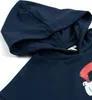 A close-up view of a navy blue hooded sweatshirt. Produktbild-Vorschau