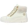 A side view of a white high-top sneaker boot with a cream-colored fuzzy lining and a thick white sole. Produktbild-Vorschau