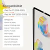 A list of compatible iPads for a product, next to a partial view of an iPad screen displaying abstract colorful graphics. Produktbild-Vorschau