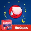 A marketing image for Huggies Overnights diapers, featuring a product box, a diagram illustrating absorbency, and nighttime-themed graphics. Produktbild-Vorschau