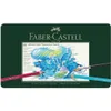 A metal tin of Faber-Castell Albrecht Dürer watercolour pencils, with three pencils and a paintbrush in the foreground. Produktbild-Vorschau