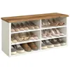 A multi-compartment shoe storage bench with a wooden top, displaying various shoes on its shelves. Produktbild-Vorschau