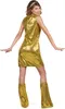 A woman wearing a gold sequined disco costume from the 1970s, posing against a white background. Produktbild-Vorschau
