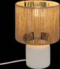 A close-up studio shot of a table lamp with a white base and a woven shade. Produktbild-Vorschau