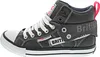 A side view of a dark gray high-top sneaker with white laces and a pink pull tab at the heel. Voir les images du produit