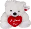 A white plush teddy bear holding a red heart with the words "I Love You" embroidered on it. The bear has a tag attached to its ear. Produktbild-Vorschau