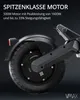 Close-up of an electric scooter wheel and motor with descriptive text. Produktbild-Vorschau