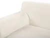 A close-up view of a white bouclé fabric sofa armrest and seat. Podgląd zdjęcia produktu