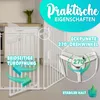 A white baby gate is shown in a kitchen setting, with text overlays highlighting its features. Náhľad obrázku produktu