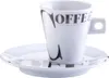 A white espresso cup and saucer with the word "Coffee" printed on it in black letters. Anteprima dell’immagine prodotto