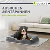 A Bernese Mountain Dog lies on a gray dog bed in a living room setting, with a sofa and a basket in the background. Produktbild-Vorschau
