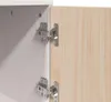 Close-up of cabinet hinges on a white cabinet and a light wood door. Voir les images du produit