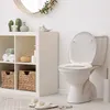 A clean and organized bathroom with a toilet, storage shelves, and decorative items. Produktbild-Vorschau