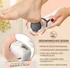 A hand is holding an electric callus remover against a person's foot, with inset images and text highlighting features. Produktbild-Vorschau