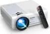 A white mini projector with a black remote control is shown on a white background. Produktbild-Vorschau