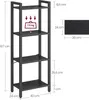 A diagram of a black, four-shelf bookcase with dimensions and weight capacity indicated. Produktbild-Vorschau