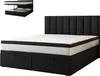 A black upholstered bed frame with a mattress and a headboard, shown from the front. An inset image shows the bed frame with its storage compartments open. Produktbild-Vorschau