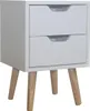 A white nightstand with two drawers and wooden legs, shown from a three-quarter angle against a white background. Produktbild-Vorschau