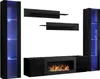 A modern black living room wall unit with a bio-fireplace and integrated lighting. Náhled obrázku produktu