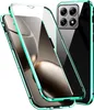 A phone case with a transparent front and a metallic green frame, showing the back of a phone with a camera module. Anteprima dell’immagine prodotto