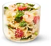 A glass container filled with pasta, shrimp, tomatoes, and greens. Podgląd zdjęcia produktu