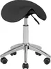 A black saddle stool with a chrome base and wheels, shown from a front-side angle against a white background. Náhled obrázku produktu