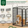 A dog is inside a black metal playpen, with diagrams of different configurations of the playpen shown on the left side of the image. Produktbild-Vorschau