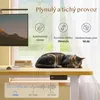 A cat is sleeping on a desk with a monitor and other items on it. There are informational overlays about the desk's features. Náhled obrázku produktu
