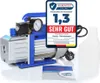 A vacuum pump with a gauge, a bottle, and an instruction manual, with a product review overlay. Náhľad obrázku produktu