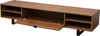 A long, rectangular TV stand made of dark wood with black metal legs. One of the cabinet doors is open, revealing shelves inside. Anteprima dell’immagine prodotto