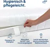 A hand is shown unzipping a white mattress cover, with text and icons highlighting product features. Produktbild-Vorschau