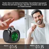 A split image showing a person waking up to an alarm clock and another person brushing their teeth in the morning. Produktbild-Vorschau