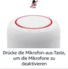 A smart speaker with a red light ring and a microphone mute icon above it, with German text below. Voir les images du produit