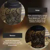 A collage of images showing a solar-powered lantern with a leaf pattern, highlighting its solar and sensor features. Produktbild-Vorschau
