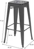 A gray metal bar stool with dimensions indicated by measurement lines and text. Voir les images du produit
