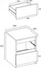 Diagrams showing the dimensions of a nightstand and its drawer. Voir les images du produit
