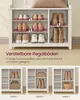 A white shoe cabinet with adjustable shelves, showcasing different shoe arrangements and storage options. Below are three options for configuring the shelves. Produktbild-Vorschau