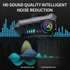 A black motorcycle helmet Bluetooth headset is shown with sound wave graphics illustrating noise reduction. Produktbild-Vorschau
