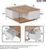 Diagrams showing the dimensions of a coffee table, including overall dimensions and drawer dimensions. Produktbild-Vorschau