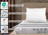 A white pillow on a bed with product information displayed on the left. Produktbild-Vorschau