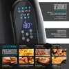 Close-up of an air fryer control panel and a collage of food items with their cooking instructions. Produktbild-Vorschau