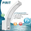 A white LED outdoor light with motion sensor, featuring product specifications and certifications. Produktbild-Vorschau