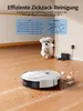 A robot vacuum cleaner is shown on a wooden floor, with a small dog running in the background. There are diagrams illustrating cleaning efficiency. Produktbild-Vorschau
