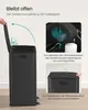 An instructional image showing how to open and close the lid of a black trash can. Produktbild-Vorschau