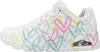 A side view of a white Skechers sneaker with a colorful heart pattern. Produktbild-Vorschau